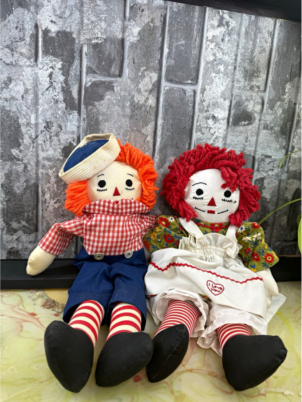 Raggedy Ann & Raggedy Andy Cloth Rag Dolls Lot of 2 Yarn Hair Removable Clothes